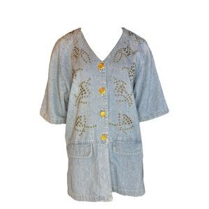 Alexa Em Vintage Caridgan Cotton Shirt Beaded Gold Buttons Woman’s size Large